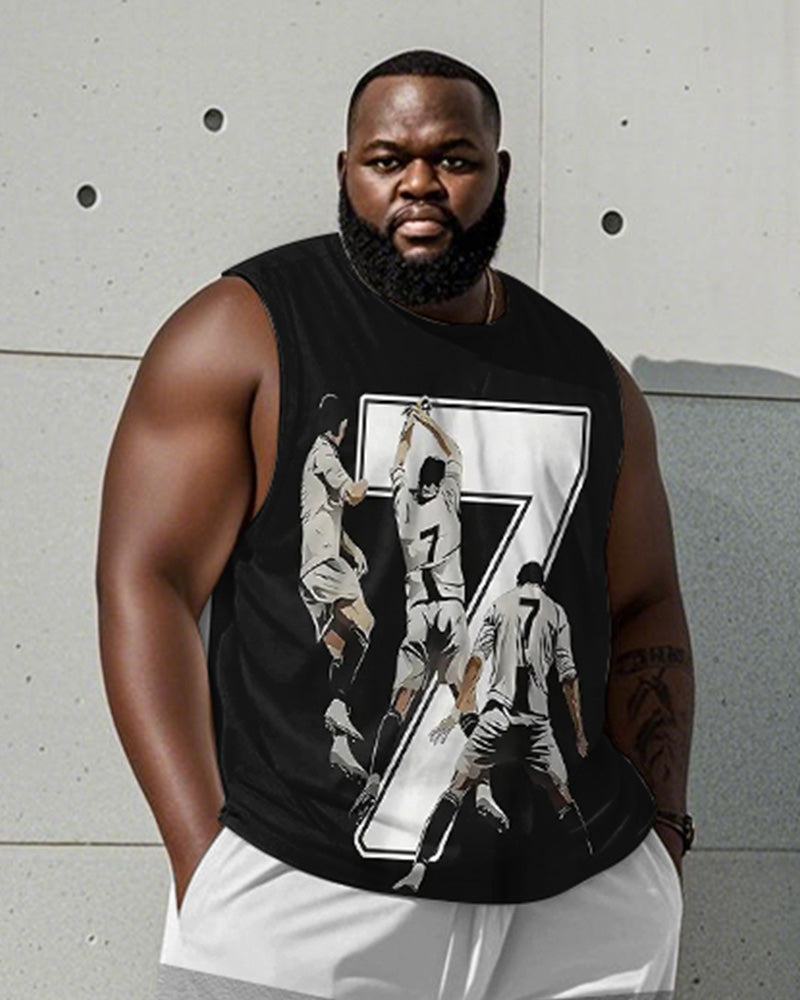 Men's Plus Size Black Gray Striped Size 7 Football Printed Vest Shorts Suit