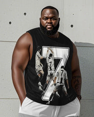 Men's Plus Size Black Gray Striped Size 7 Football Printed Vest Shorts Suit