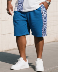 Men's Plus Size White With Blue Creative Stripe Polo English Print T-Shirt Shorts Suit