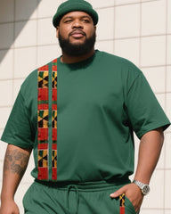 Men's Plus Size Mars Green Creative Striped Cross Print T-Shirt Shorts Suit