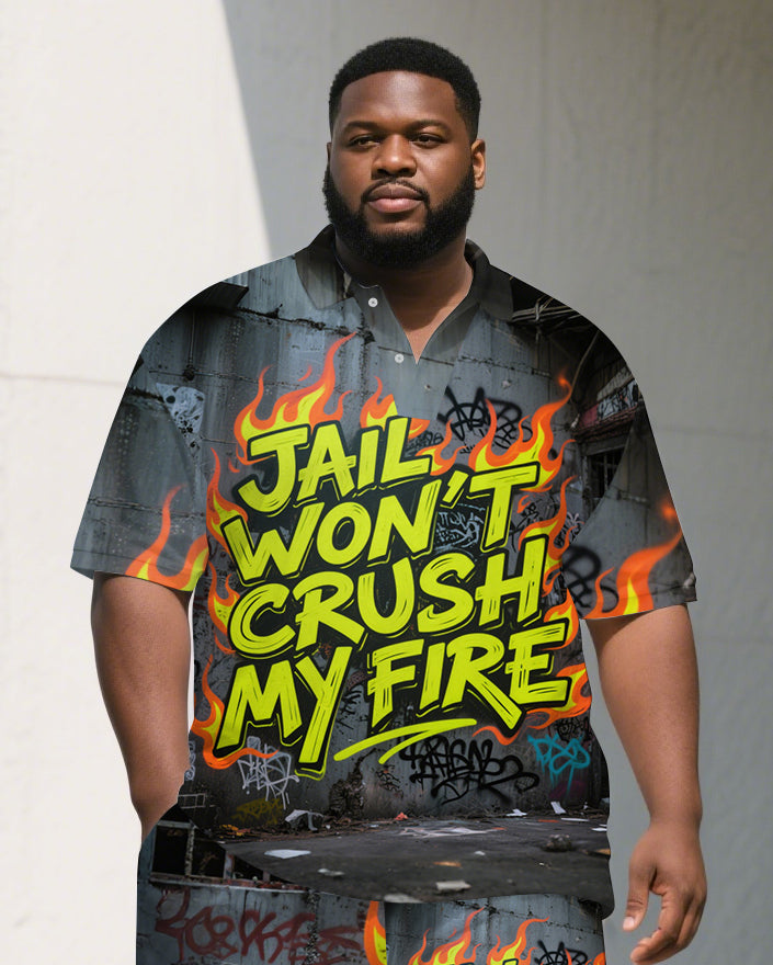 Men's Casual Jail Theme Letter in Fire Printed Relaxed Short-Sleeve Polo Shirt & Shorts Set
