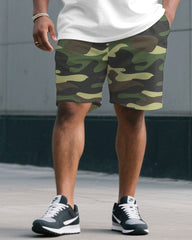 Men's Plus Size White & Green Camouflage Headphones Fashion Round Neck Short Sleeve T-shirt Shorts Suit