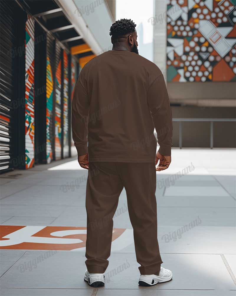 Men's Plus Size Brown Striped K Letter Print Long Sleeve T-Shirt Trousers Suit