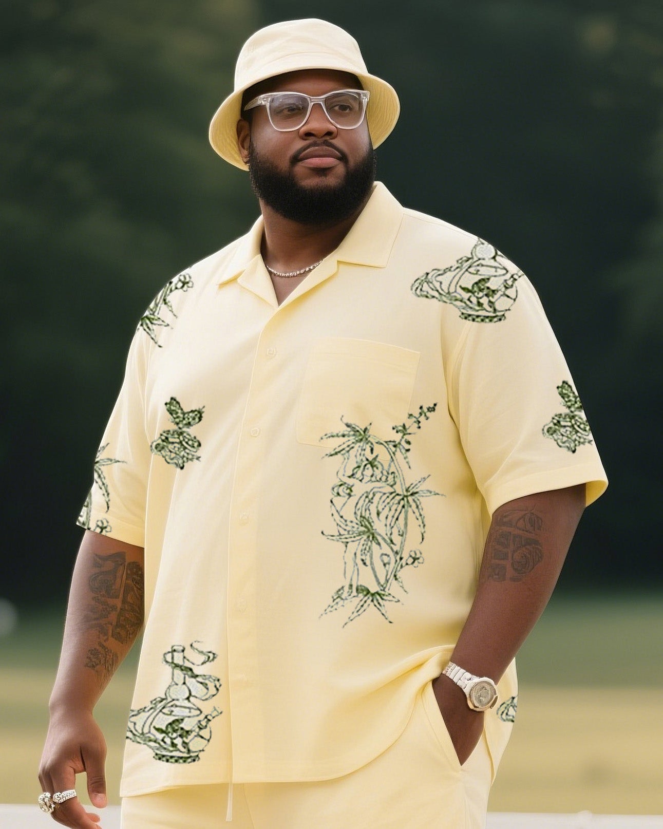 Big Boy Daily Casual Light Yellow Simple Flower Short Sleeve Shirt Trousers Suit