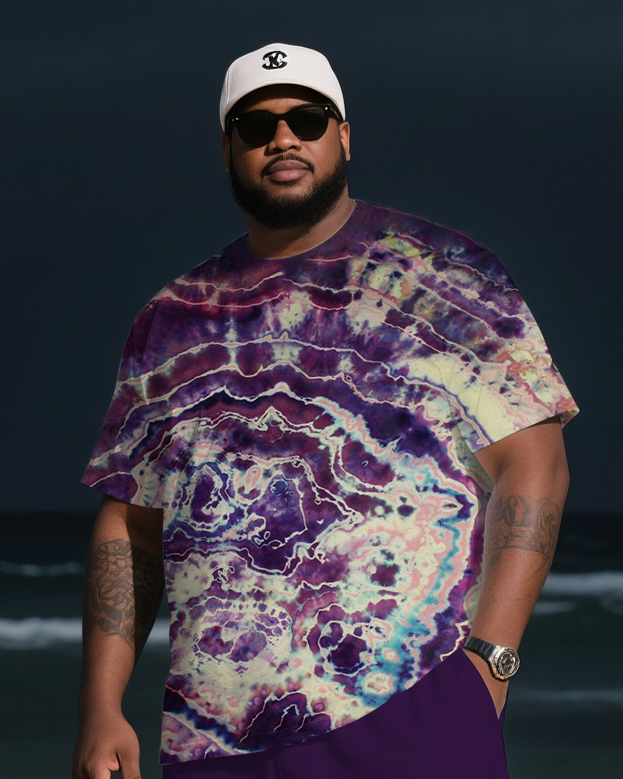 Men's Plus Size Tie-dye Reverse-dye Crystal Hole Round Neck T-shirt Shorts Suit