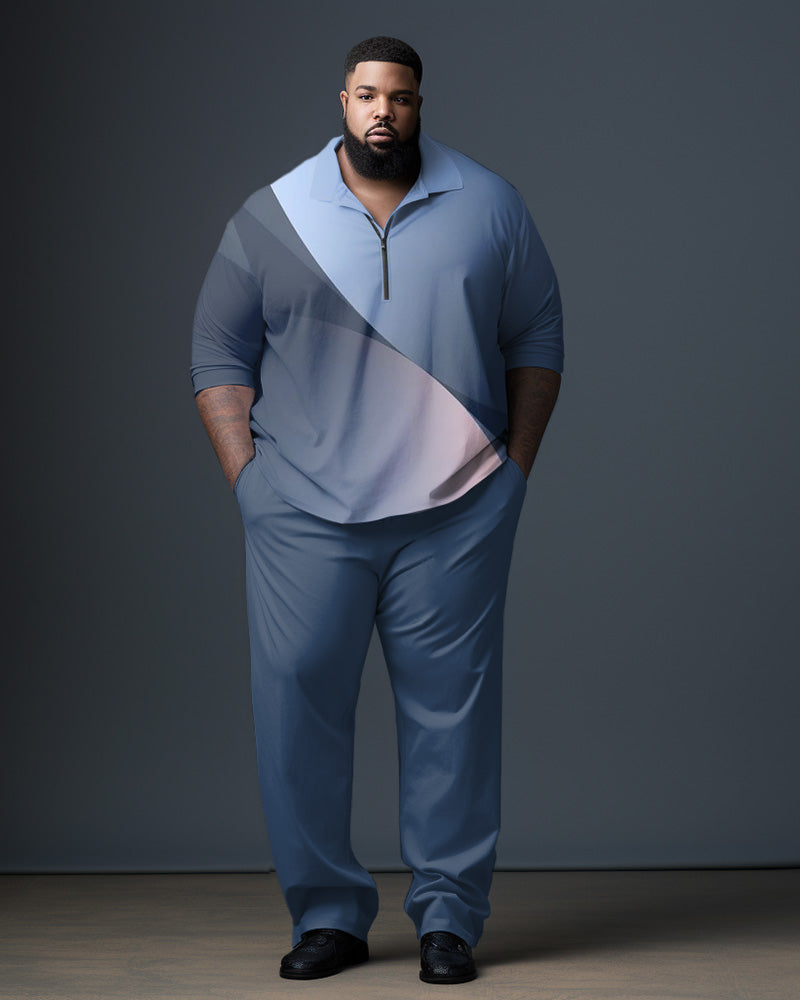 Big Men's Blue Gradient Gentleman Business Polo Zipper Shirt and Pants Two-piece Set