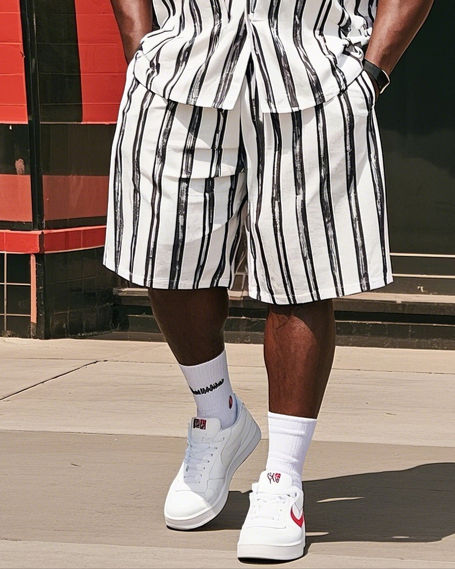 Big Man's Simple Stripe Stitching Color Block Printing Short Sleeve Shirt Shorts Suit
