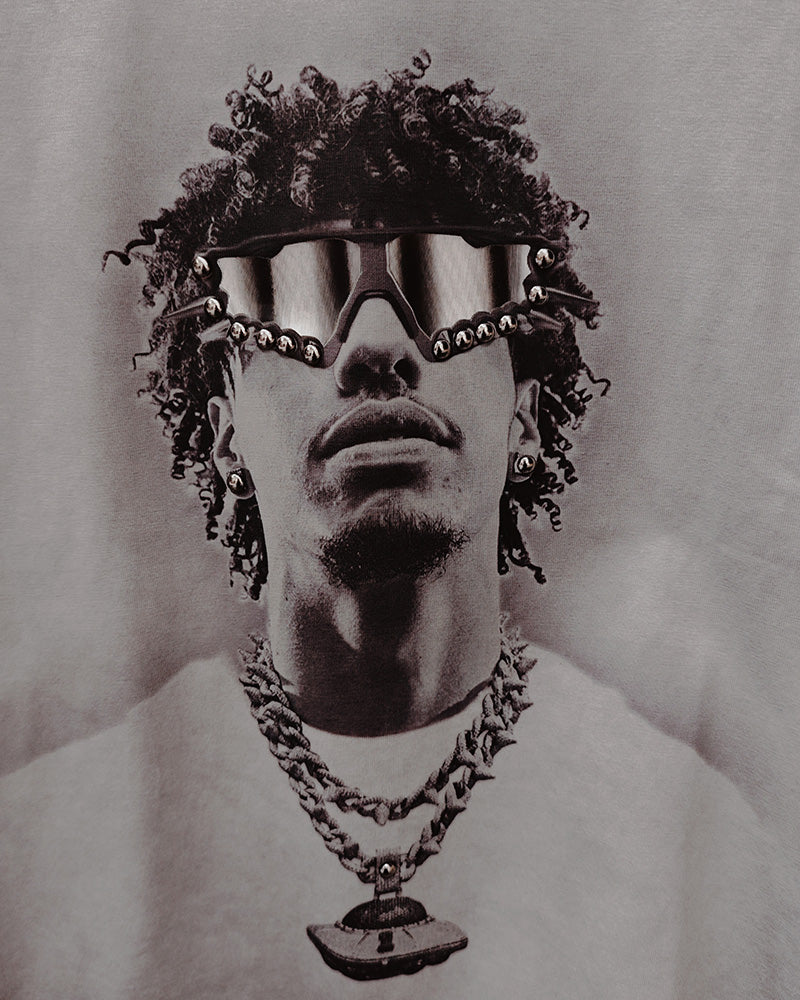M-2XL Street Fashion Gray Distressed Hip Hop Laser Sunglasses Portrait Print Round Neck Short Sleeve T-shirt