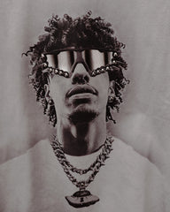 M-2XL Street Fashion Gray Distressed Hip Hop Laser Sunglasses Portrait Print Round Neck Short Sleeve T-shirt