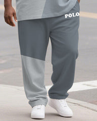 Men's Plus Size Blue And Grey Colorblock Alphabet Print Henry Collar T-Shirt Pants Suit