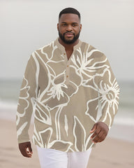 Big & Tall Men's Khakis Floral Print Bamboo Hemp Texture Henry Collar Long Sleeve Shirt