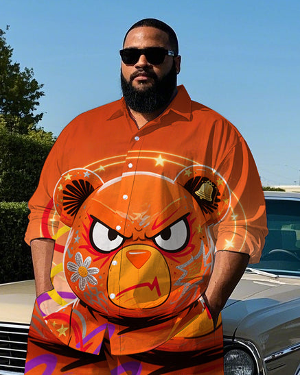 Big and Tall Men's Fashion Serious Bear Graffiti Printed Lapel Long Sleeve Shirt Pants Set
