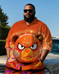 Big and Tall Men's Fashion Serious Bear Graffiti Printed Lapel Long Sleeve Shirt Pants Set