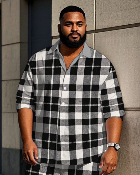 Big Guy's Simple Casual Black and White Plaid  Printed Long Sleeve Shirt Pants Set