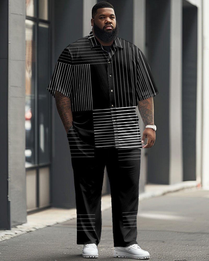 Men's Plus Size Business Irregular Geometric Stripe Print Short Sleeve Shirt Suit