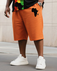 Men's Plus Size Black With Hermes Orange Creative Stripe African Figure Print T-Shirt Shorts Suit