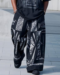 Plus Size Men's Black And White Printed Casual Short-sleeved T-shirt Pants Suit