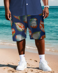 Big Men's Street Fashion Splicing Color Block Abstract Leaves Printed Short Sleeve Shirt Shorts Set