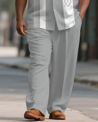 Men's Plus Size Light Gray Stripe Geometric Print Short Sleeve Shirt Trousers Suit