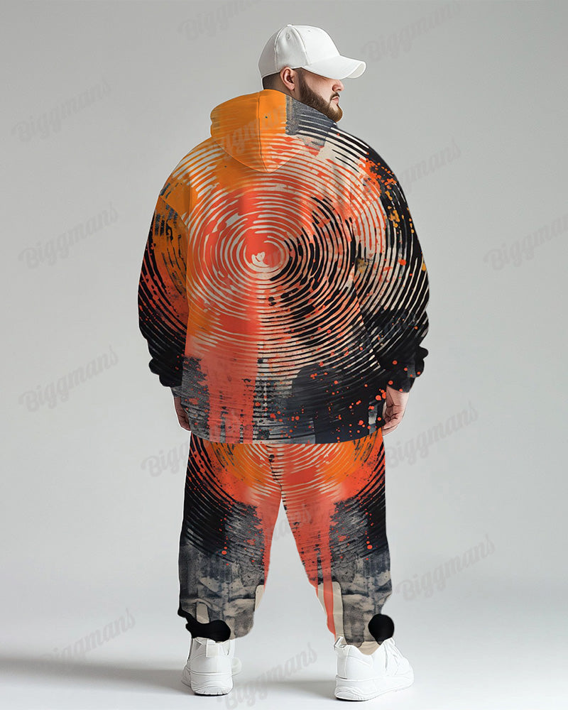 Mens Daily Casual Orange Swirl Geometric Print Plus Size Hoodie Suit