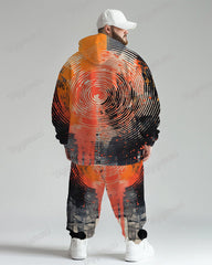 Mens Daily Casual Orange Swirl Geometric Print Plus Size Hoodie Suit