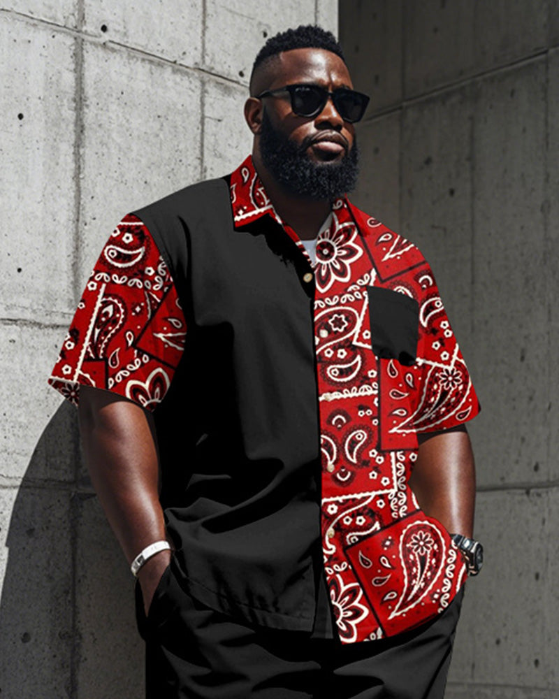 Men's Plus Size Street Fashion Paisley Colorblock Black Red Print Shirt Shorts Suit