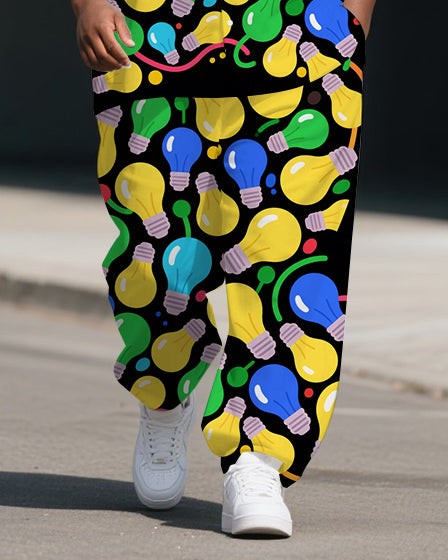 Men's Casual Cartoon World Light Bulb Printed Big & Tall Short-Sleeve Shirt Pants Sets