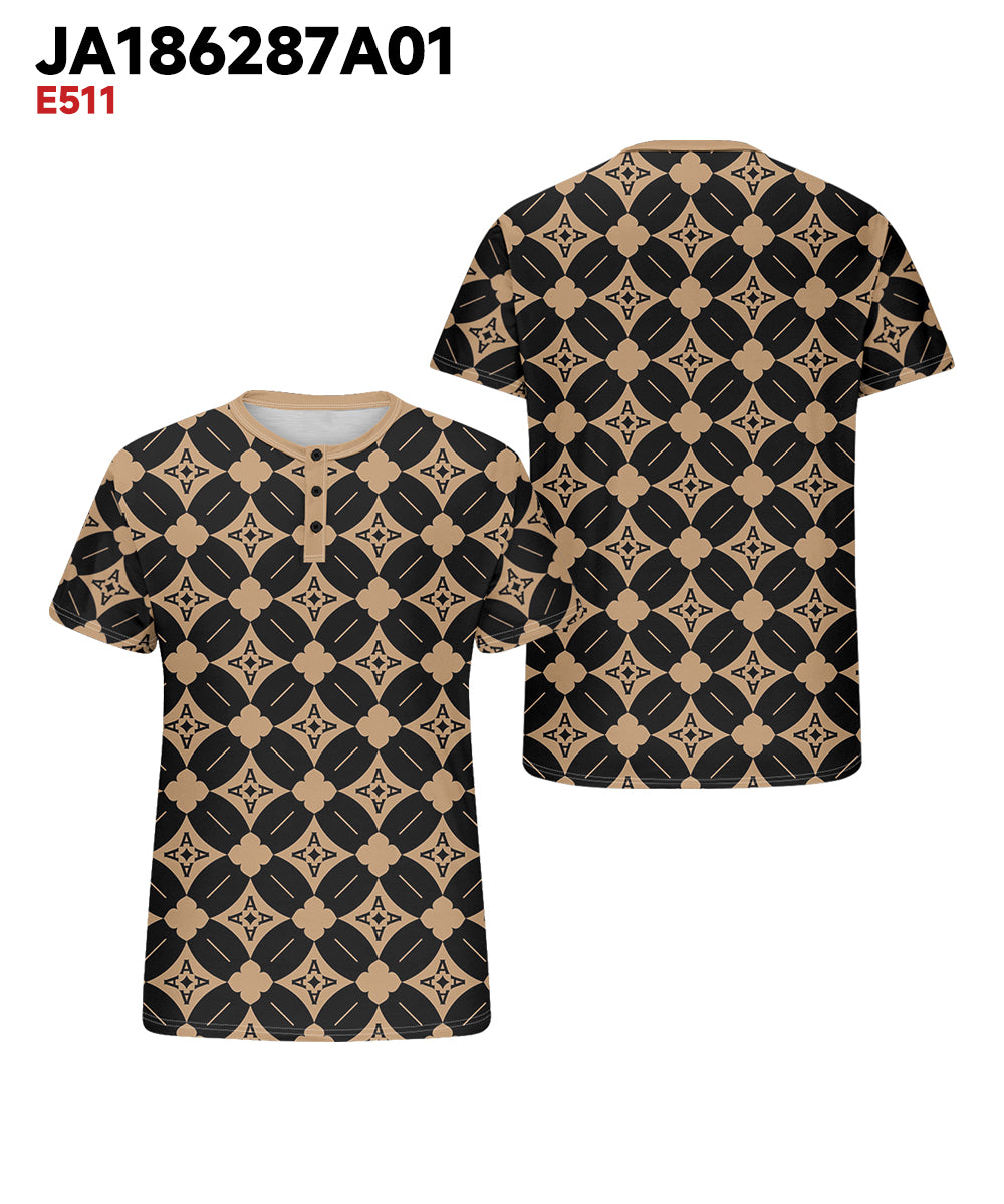 Men's Plus Size Daily Casual Khachi Geometric Diamond Print Henry Collar Button Short Sleeve T-Shirt