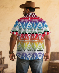 Men's Plus Size Retro Western Denim Rainbow Floral Print Short Sleeve Shirt