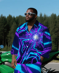 Big Men's Modern Abstract Cool Radiation Lightning Printed Casual Long Sleeve Shirt and Pants Set