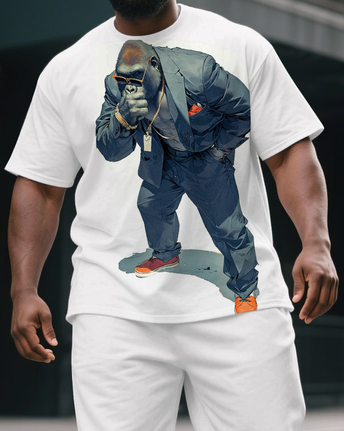 Men's Street Fashion Pensive Boss Gorillas Print Big & Tall Short-Sleeve T-shirt & Short Set