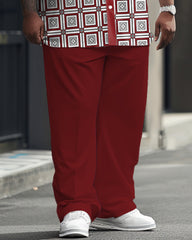 Men's Big & Tall Business Casual Square Continuous Pattern Printed Short Sleeve Shirt Trousers Set
