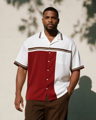 Big & Tall Men's Business Red And Brown Striped Printed Pocket Short Sleeve Shirt Trousers Suit