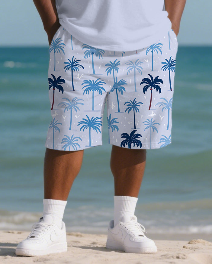 Big Men's Hawaiian Theme Coconut Trees Stripe Style Short Sleeve Polo Shirt Shorts Suit
