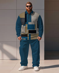 Men's Simple Blue And Black Light Khaki Stripe Alphabet Print Polo Shirt Zipper Trousers Suit