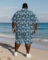 Men's Plus Size Hawaiian Hand Painted Blue Gesang Flower Leaf Print Shirt Shorts Suit
