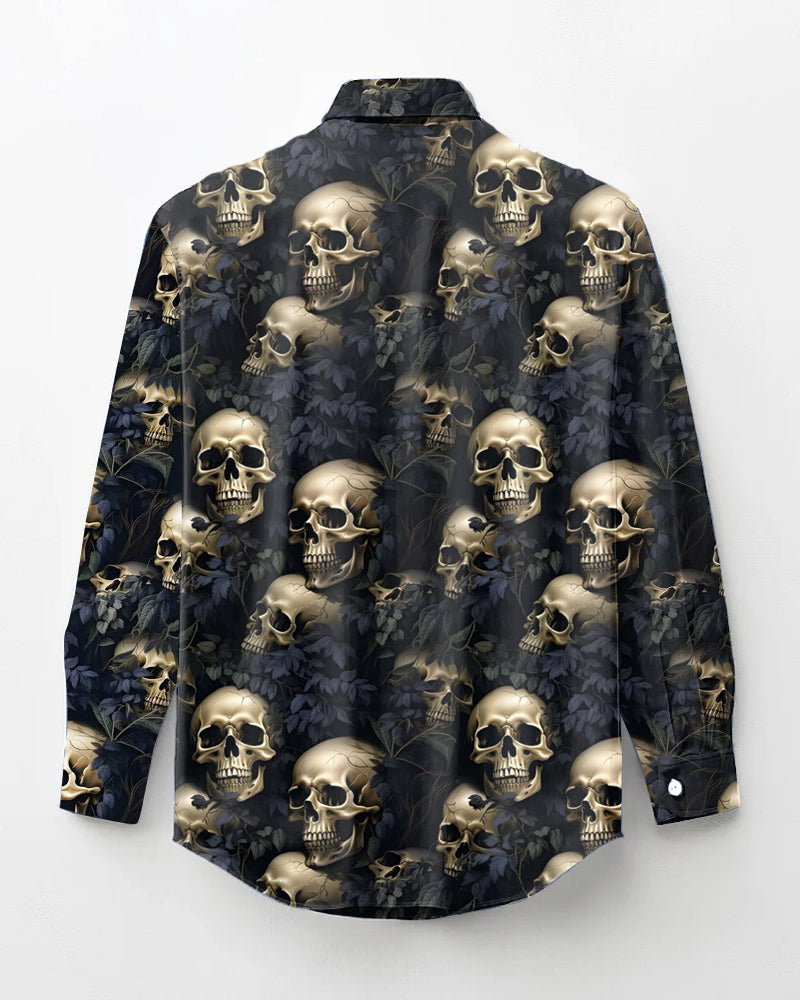 Men's Plus Size Dark Style Skull Print Long Sleeve Lapel Shirt and Pants Set