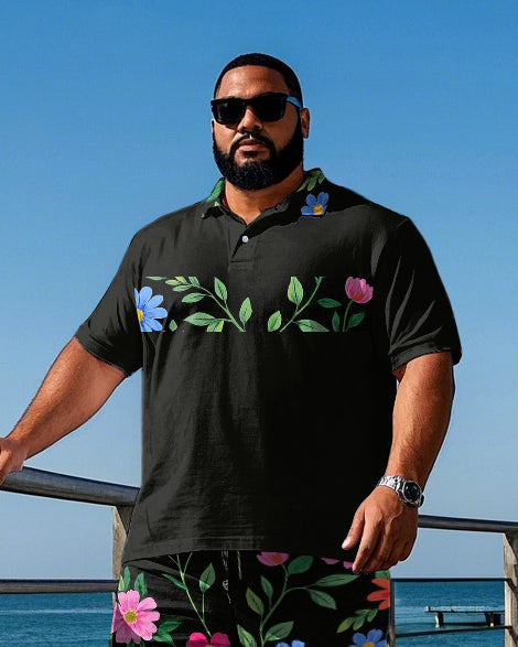 Men's Retro Fashion Stripe Colorful Flower Printed Big & Tall Short Sleeve Polo Shirt Shorts Set