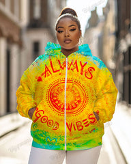Women's Plus Vintage Tie Dye Always Good Vibes Print Long-sleeved Zipper Hoodie