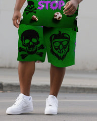 Big Men's Casual PRISON Style Bling Letter and Skull Printed Short-Sleeve Polo Shirt Shorts Set