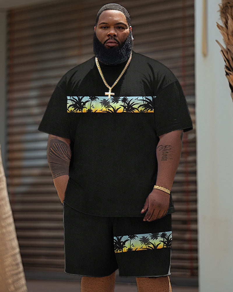 Men's Big & Tall Hawaiian Patchwork Coconut Tree Print T-Shirt Shorts Set
