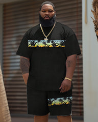 Men's Big & Tall Hawaiian Patchwork Coconut Tree Print T-Shirt Shorts Set