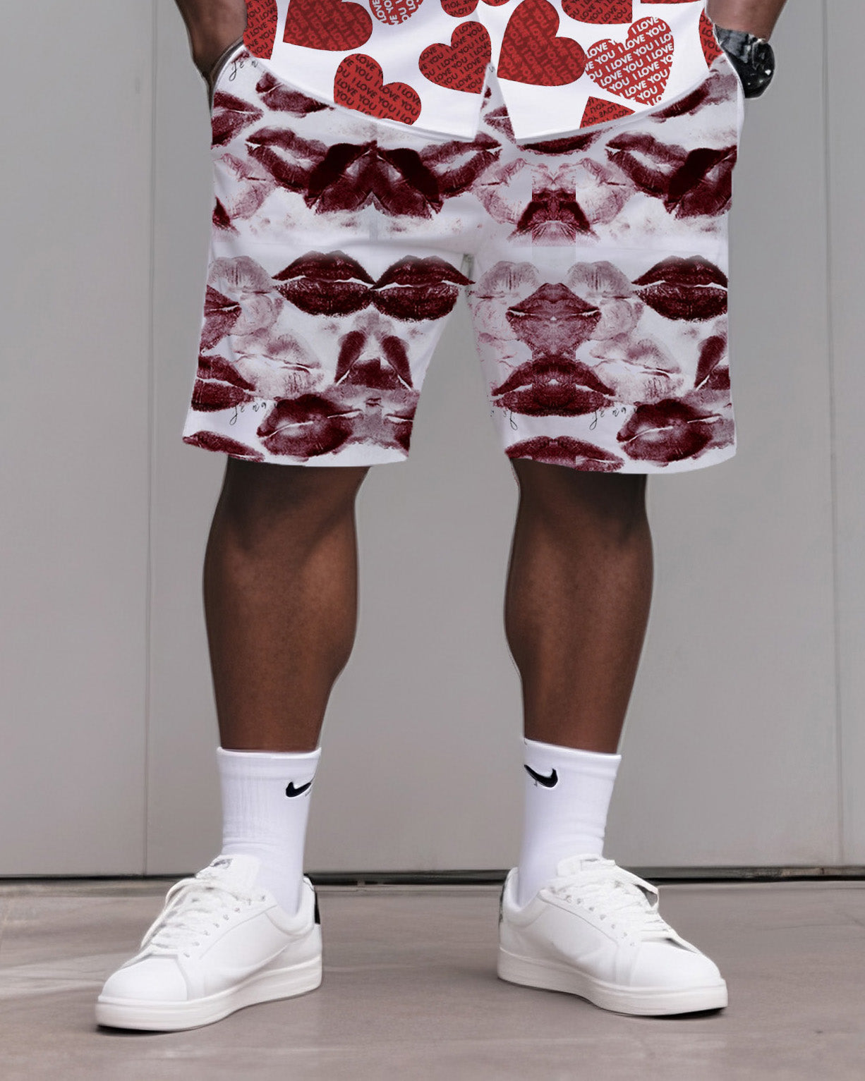 Big & Tall Men's Daily Leisure. High-grade Irregular Love Print Shirt Shorts Suit