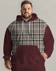 Men's Daily Casual Versatile Classic Wine Red Gray Plaid Print Plus Size Hoodie Suit