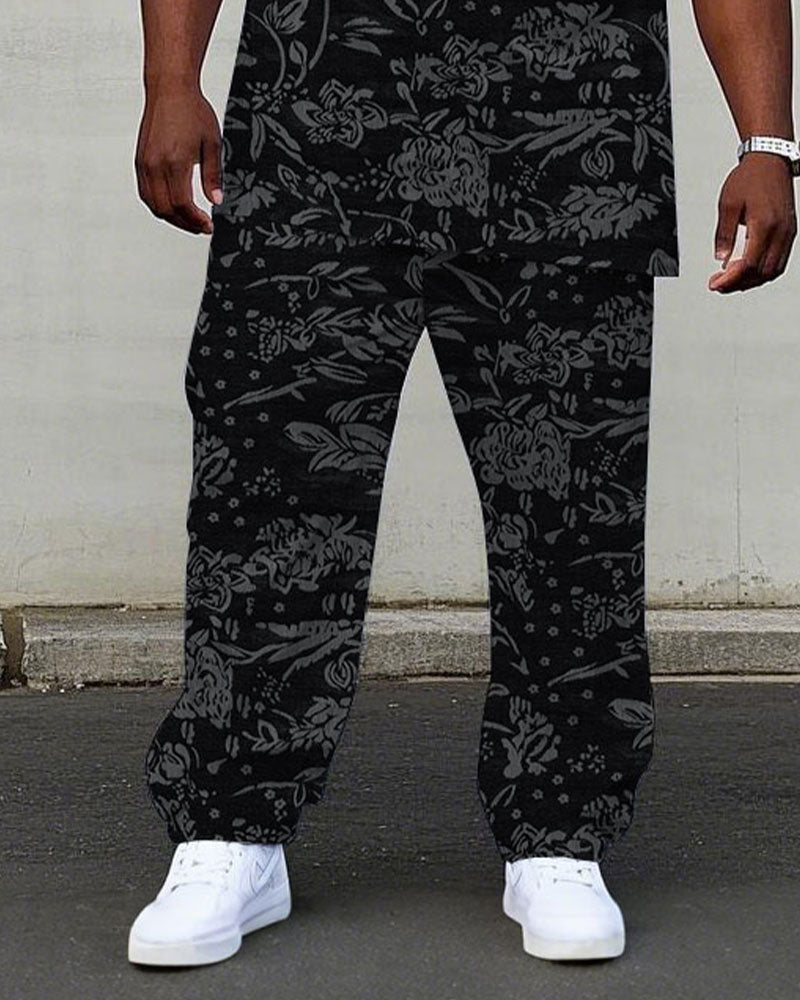 Men's Plus Size High-end Same Color Black Jacquard Flower Craft Fabric Short-sleeved T-shirt Trousers Suit