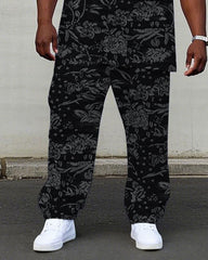 Men's Plus Size High-end Same Color Black Jacquard Flower Craft Fabric Short-sleeved T-shirt Trousers Suit