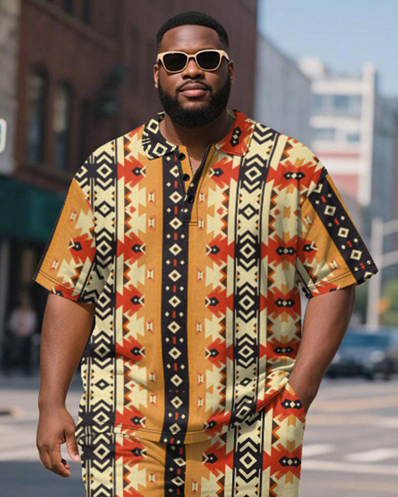 Big & Tall Men's Yellow Geometric Colorblock Diamond Print Short Sleeve Polo Shirt Shorts Suit
