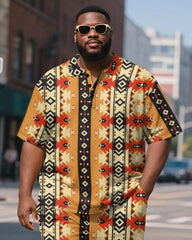 Big & Tall Men's Yellow Geometric Colorblock Diamond Print Short Sleeve Polo Shirt Shorts Suit