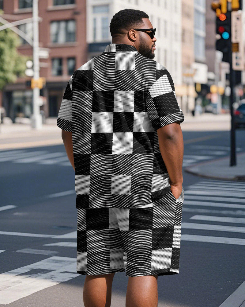 Men's Plus Size Business Black Checkerboard Print Short Sleeve Polo Shirt Shorts Suit