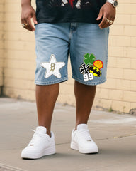 Big & Tall Men's Fashion Street Personality Faith Jesus T-shirt Small Label Shorts Denim Suit